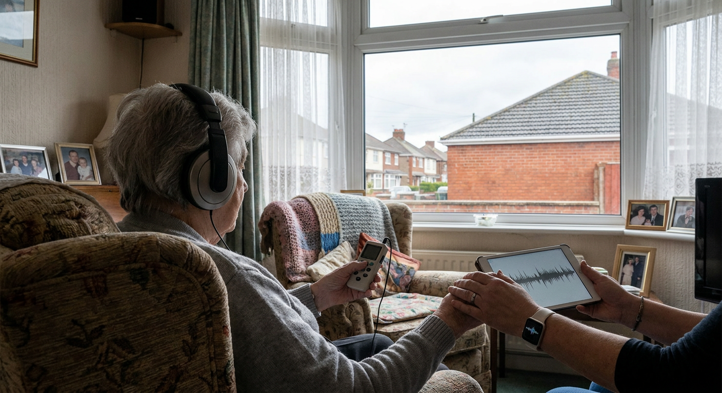 generic residential setting, no local landmarks or identifiable buildings. elderly hearing test