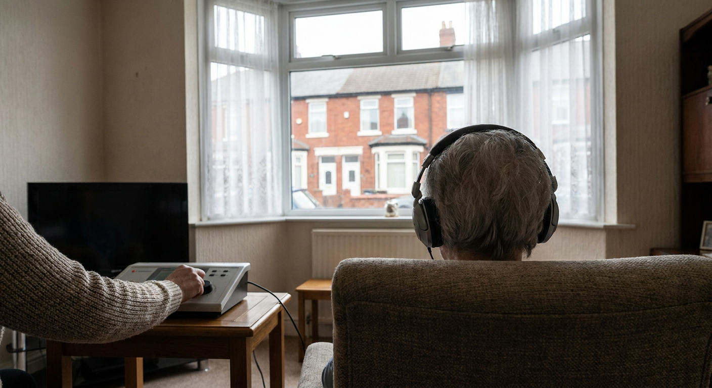 generic residential setting, no local landmarks or identifiable buildings. elderly hearing test
